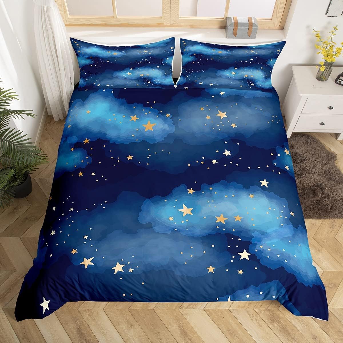 Cartoon Night Sky Printed Bedding Sets Full Cloud Gold Stars Duvet Cover for Kids Ultra Soft 3D Crafts 3 Pieces Comforter Cover(1 Duvet Cover 2 Pillow Cases)