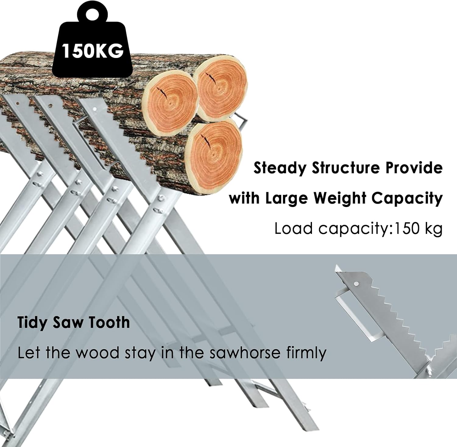 Close-up of the sawhorse's serrated teeth gripping a log, with 150kg load capacity indicated