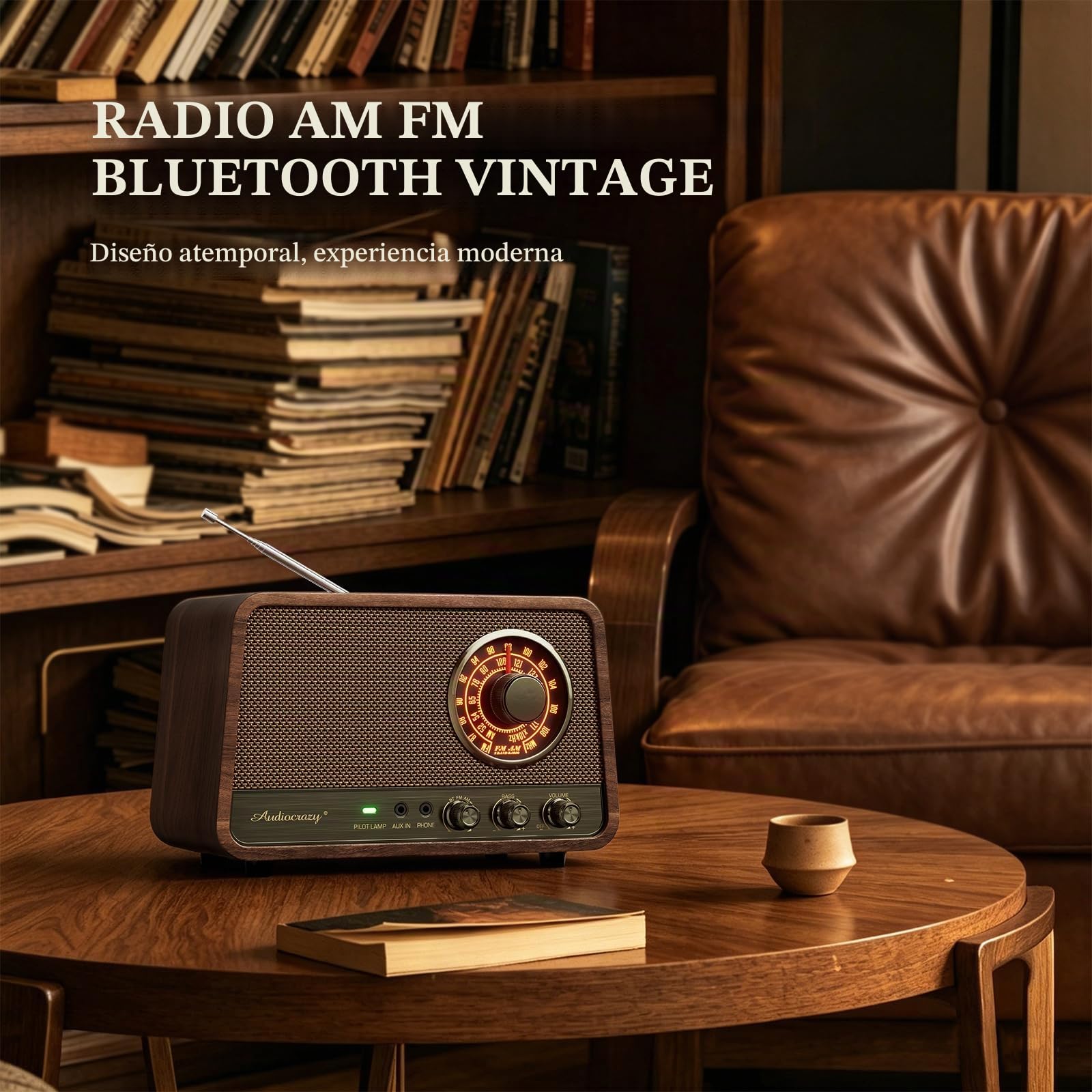 Radio Bluetooth FM de madera clásico con 10 vatios de sonido potente, radio retro con altavoz Bluetooth con esfera brillante ámbar, control de graves, entrada auxiliar, conector para