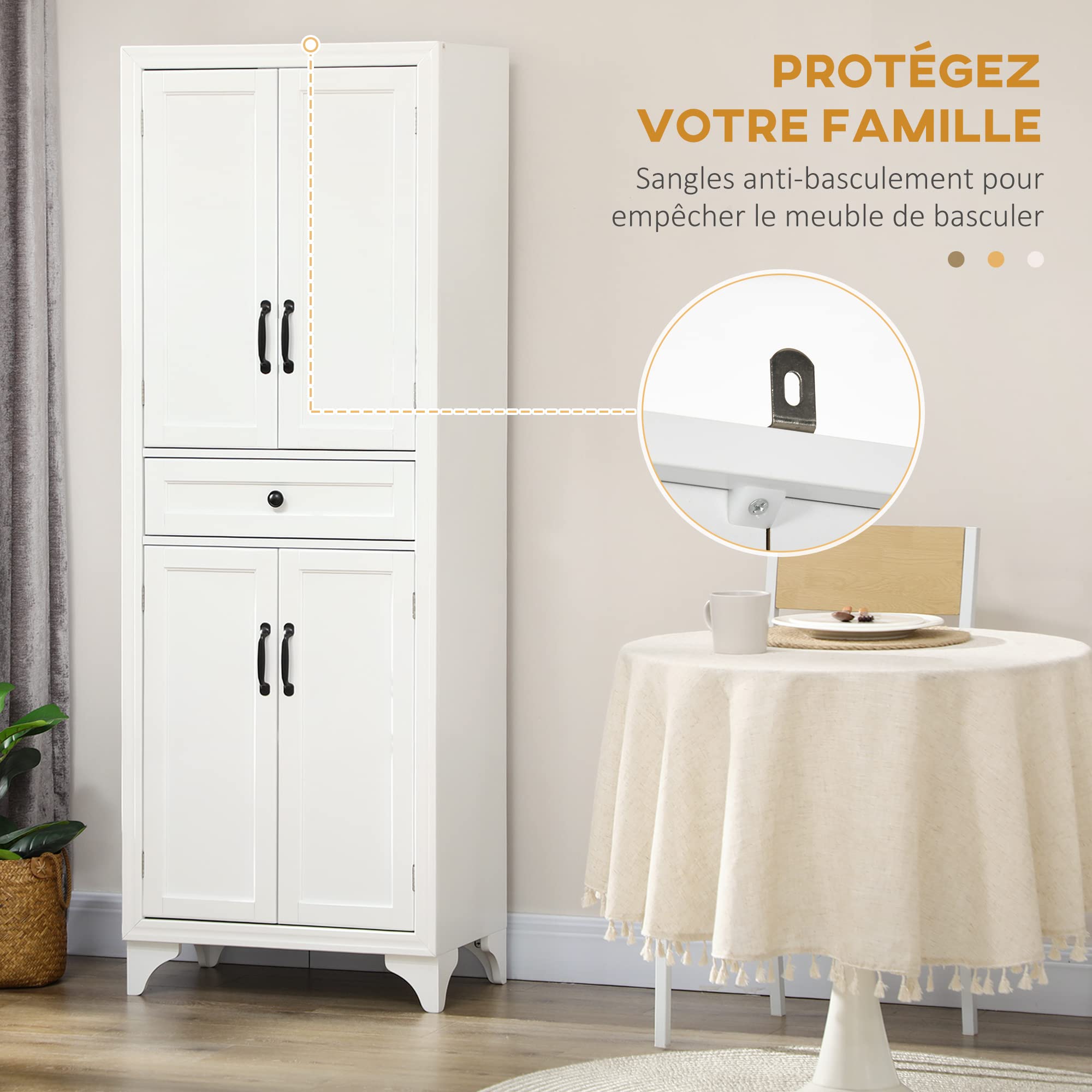 HOMCOM Buffet Haut Armoire de Cuisine 4 Portes 2 placards et 1 tiroir Central Hauteur 170 cm avec étagère réglable - Blanc