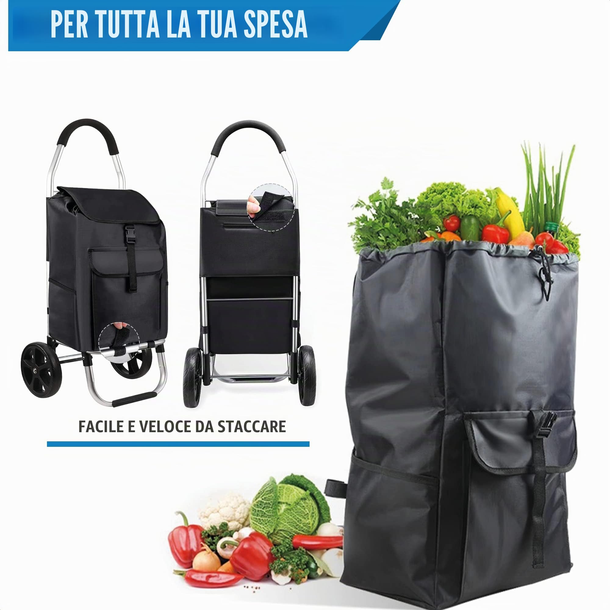 Strex Trolley della spesa con Ruote - Pieghevole - Borsa della spesa rimovibile - Carrello della spesa