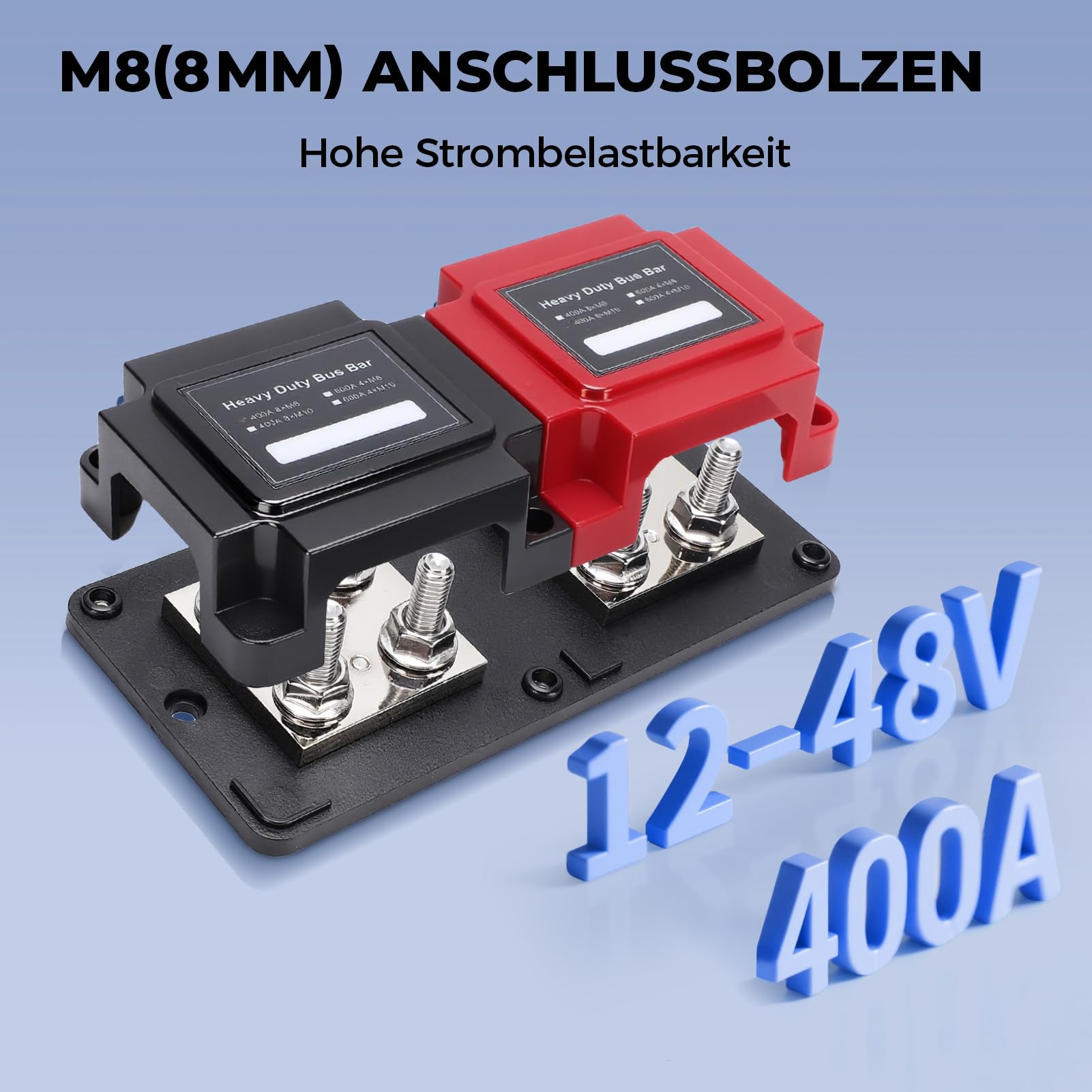 8x M8 Busbar Stromverteiler 12V 24V 48V DC 400A Batterieanschlussblock Hochstrom Verteilerleiste für Auto Wohnmobil Boot LKW Solaranlage Stromversorgung mit Rotem und Schwarzem Deckel