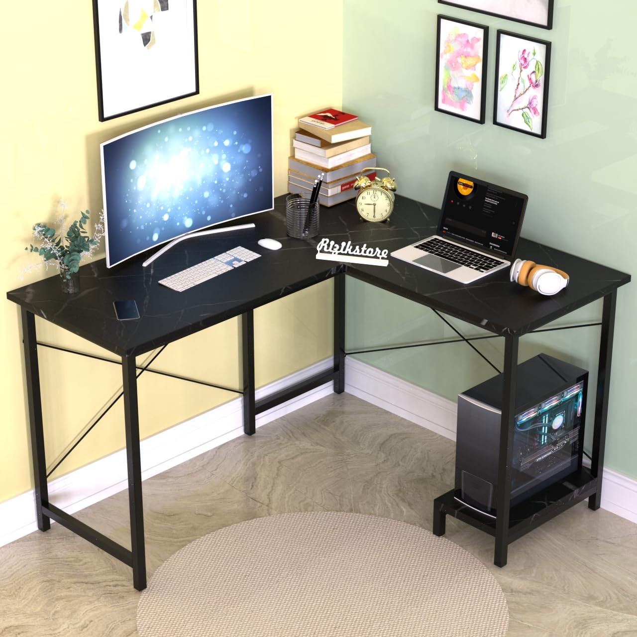 RIZIK STORE L-Shaped Computer Desk | 50-Inch Corner Gaming & Study Table with Engineered Wood Top, Metal Frame & CPU Shelf | Writing Workstation for Bedroom, Office & Small Rooms (Black)