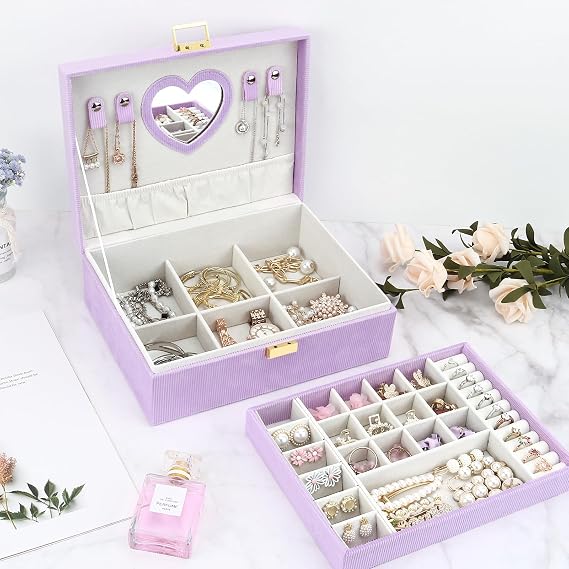 Jewellery Box Organiser, 2 Layers Velvet Jewellery Storage Case with Mirror, Large Removable Compartment Jewelry Organiser for Rings Earrings Bracelets Necklaces, Purple