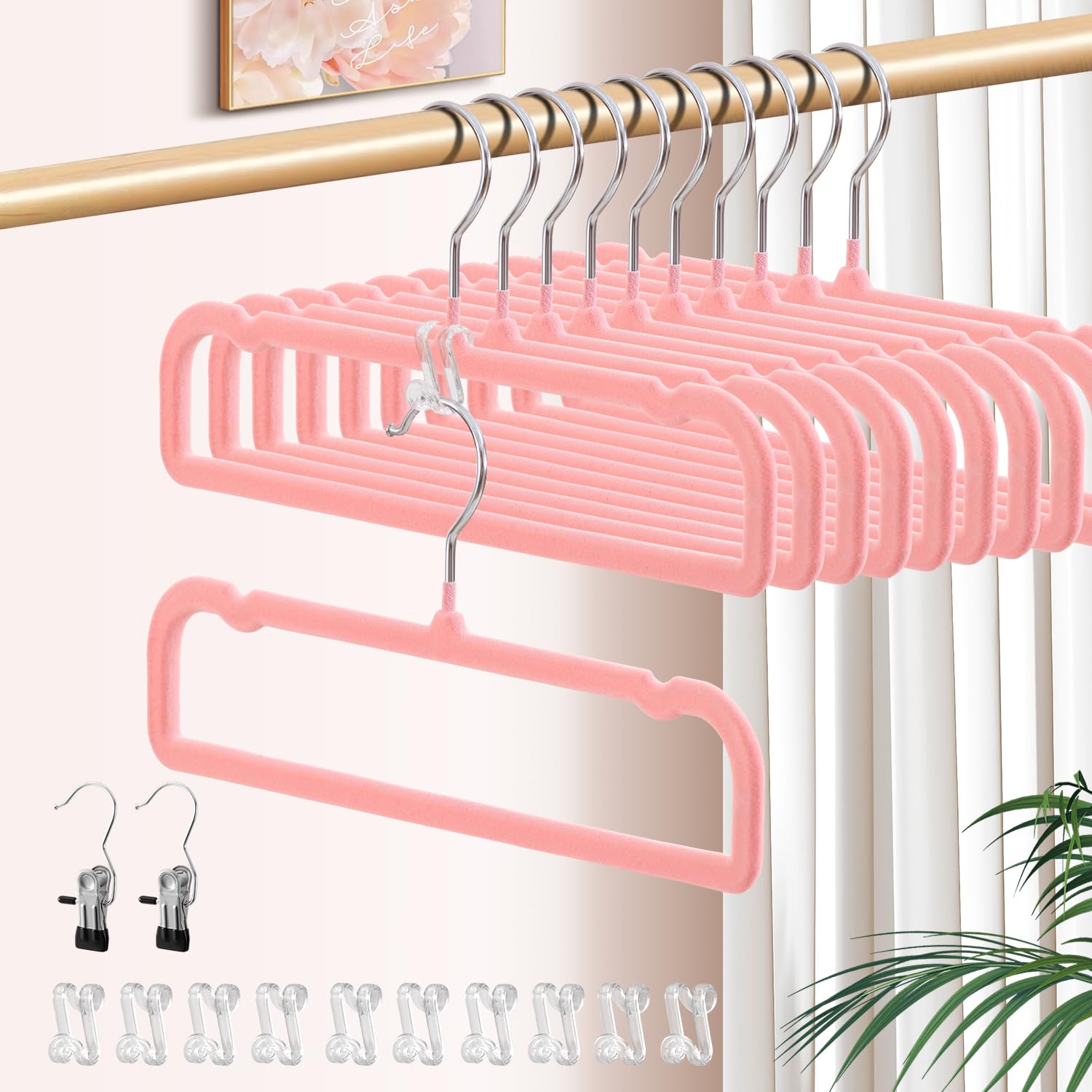 Confezione da 30 grucce in velluto antiscivolo per jeans, con 10 ganci e 2 clip, resistenti, sottili, salvaspazio, con gancio girevole a 360°, per pantaloncini, gonne e reggiseni (rosa)