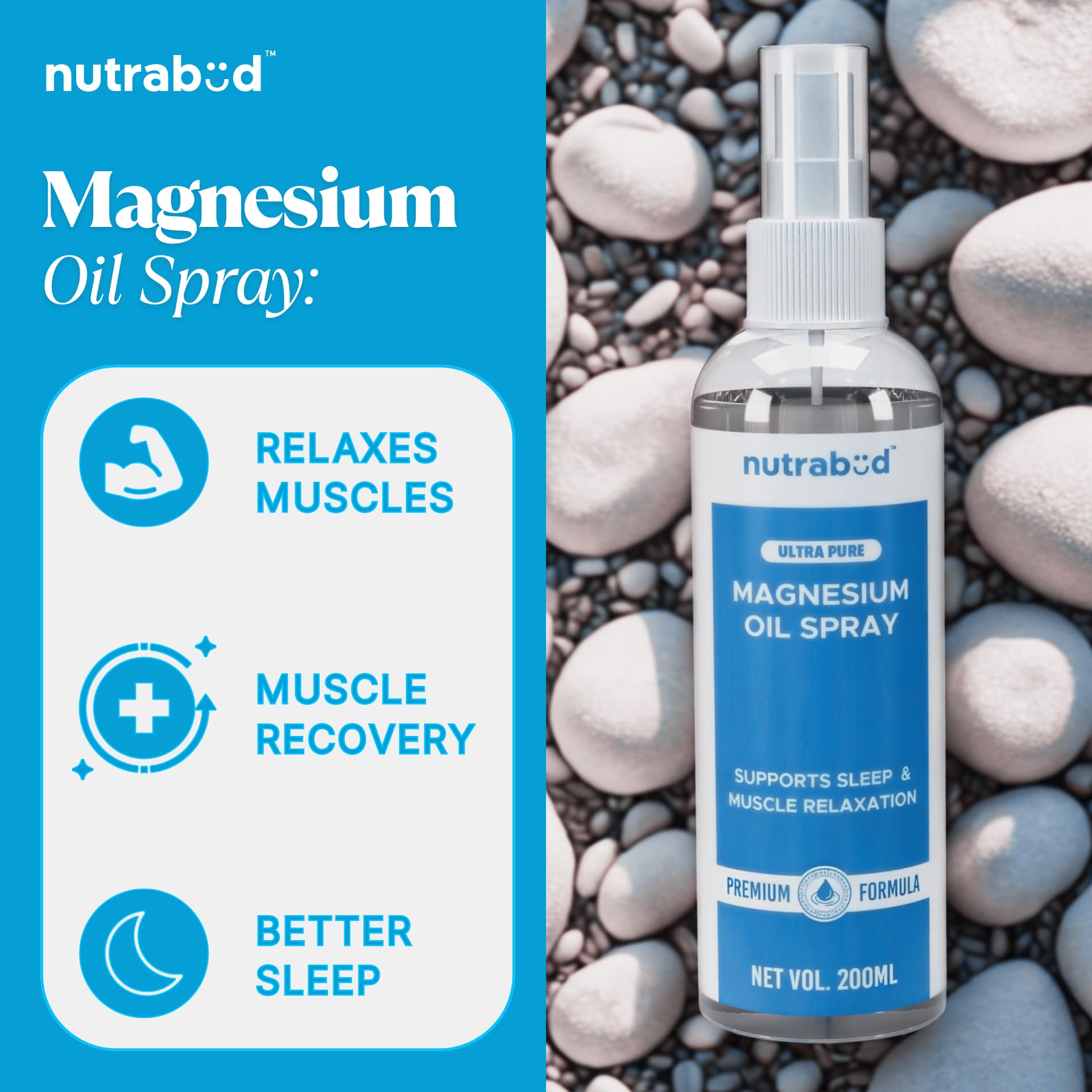 Nutrabud Magnesium Oil Spray - 200ml | Topical Spray Magnesium Oil For Feet, Muscle Relaxation, Deep Sleep Support, Recovery From Cramps (200ml (Pack of 1)) - Image 2 thumbnail