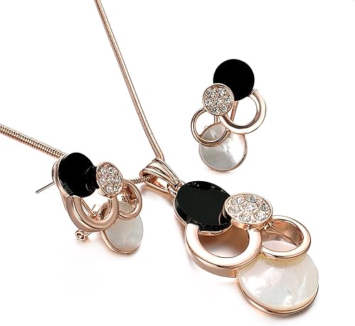 Miniatura 4 de Yoursfs White and Black Shell Pendant Necklace and Earrings Sets for Women 18K Rose Gold Plated Fashion Costume Jewellery Set for Wedding Dinner