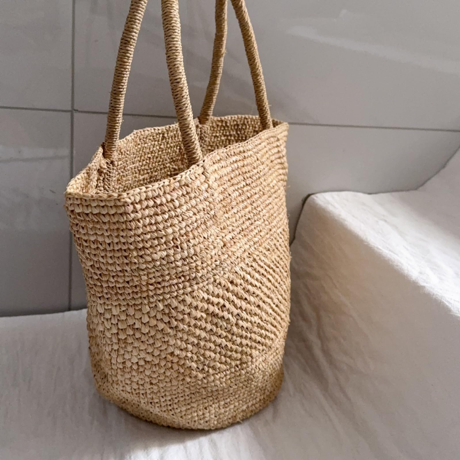 Strohtasche Damen Stroh Häkelte Handgefertigte Taschen, Urlaub Strandtaschen, Gewebte Sommer Strandtaschen-Khaki