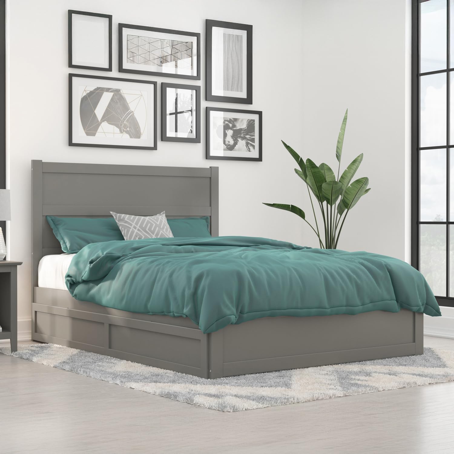 HomeStock Queen Platform Bed with Matching Footboard & Twin XL Trundle in Grey