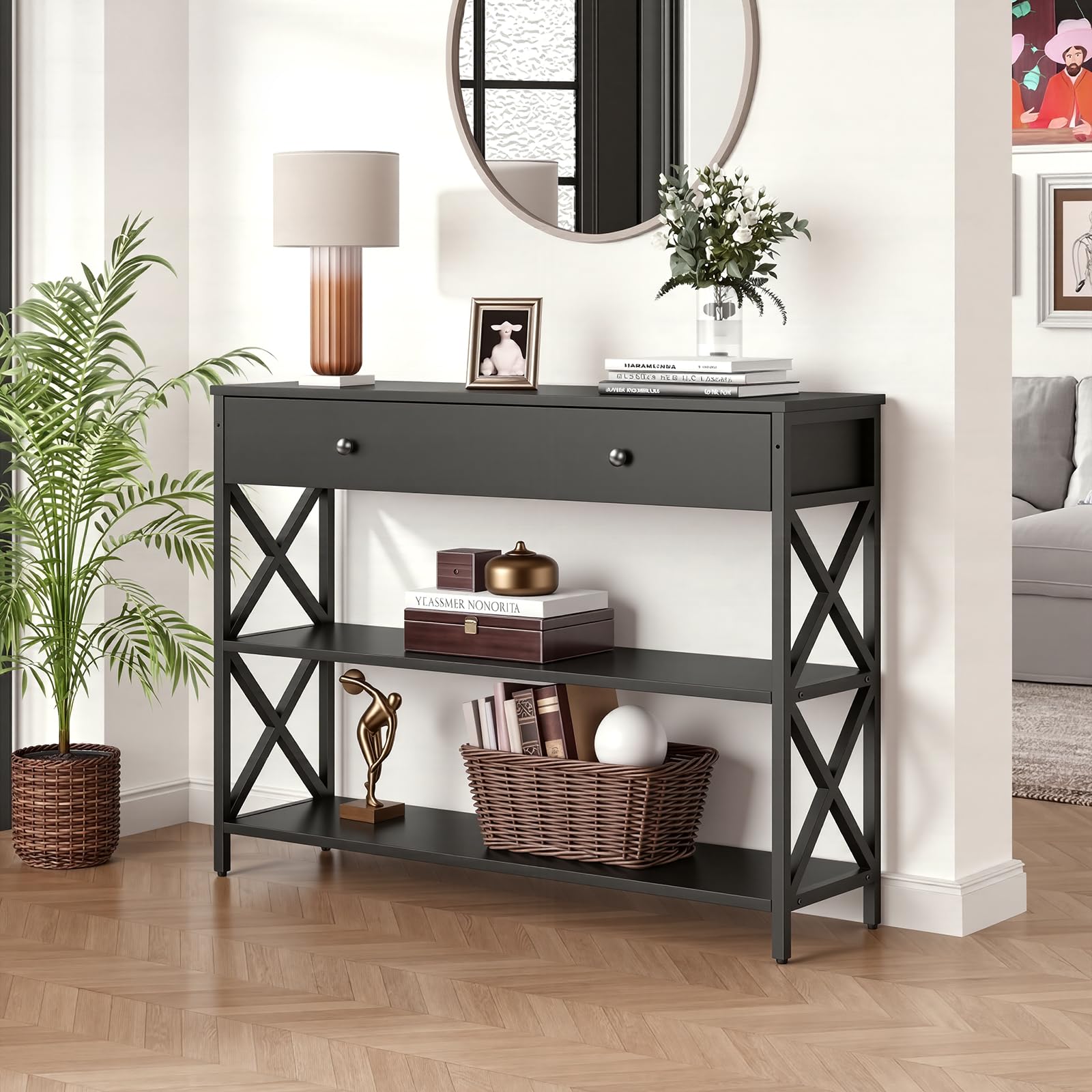 Panana Industrial Console Table with Drawer and 2 Storage Shelves, 100cm Narrow Entryway Table, Black Sofa Table with Metal Frame, for Hallway Living Room Bedroom (Black)