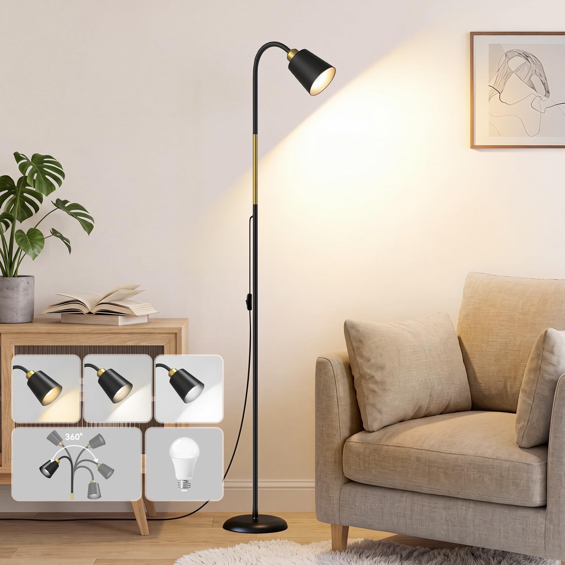 Bonsery LED Stehlampe Industrielle mit 3 Farbtemperaturen Dimmbar, 160CM Stehlampe Wohnzimmer 360° Schwenkbar & Höhe Verstellbar, Schwarz-Gold Stehleuchte inkl. LED Leuchtmittel E27, Geschenkidee