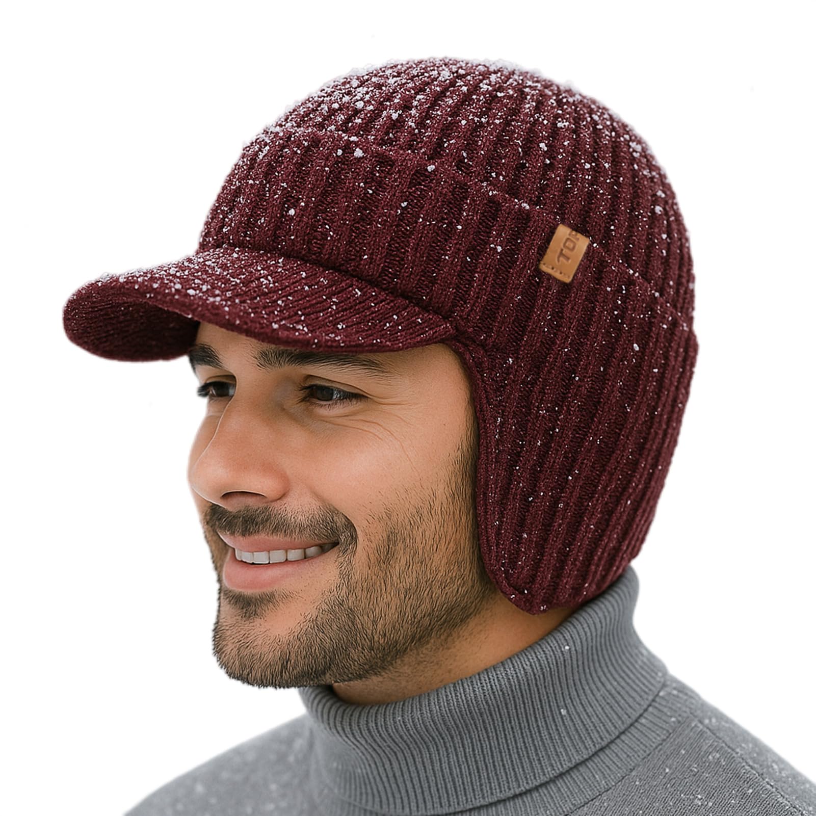 TOP-EX DryKnit™ Waterproof Merino Wool Beanie Hat with Brim Ear Flaps Fleece Lined Ski Cap for Cold Weather & Large Heads