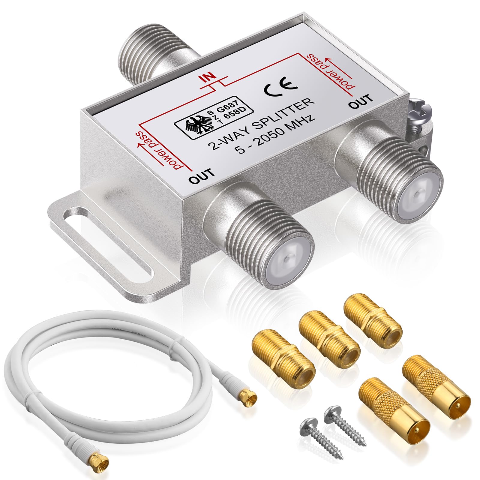 eSynic 2-Way TV Aerial Splitter - F Type Coax Cable Splitter 5-2500MHz with 1.5m Coax Cable F Plugs for Telewest Eurovox Starview Dreambox etc