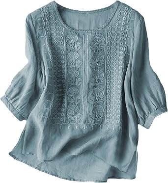Linen Shirts for Women Summer Crew Neck Embroidered 3/4 Sleeve Boho Tops Dressy Casual Blouses Loose Tunics