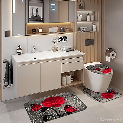 Miniatura 6 de Neween Juego de 4 cortinas de ducha con diseño de rosa roja, modernos juegos de baño con alfombras, cubierta de tapa de inodoro y tapete de baño,
