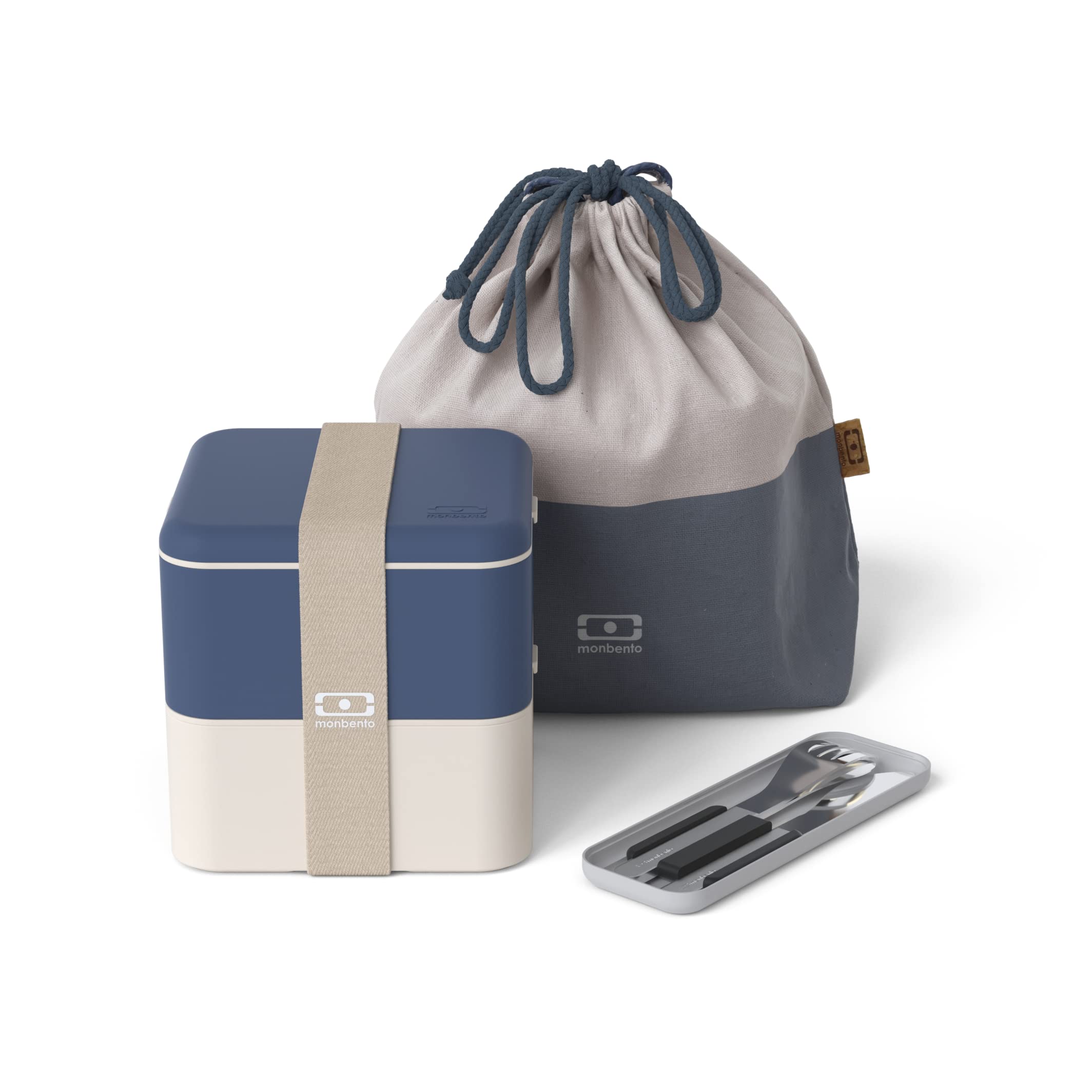 monbentoNatural Lunch Box Set with Bento Box MB Square with Compartiments  Made in France, Cutlery Set MB Slim Box, Lunch Bag MB Pochette L BPA