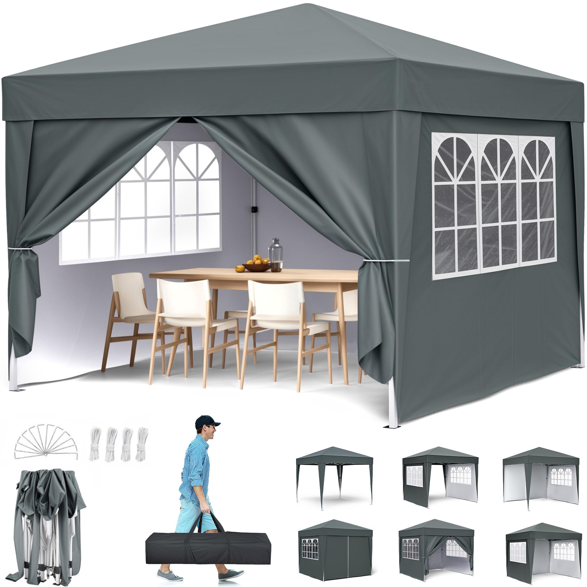 Pavillon 3x3m, Pop-Up Faltpavillon Wasserdicht, Gartenzelt UV Schutz 50+, Partyzelt wasserdicht stabil mit Tragetasche, Höhenverstellbar Faltbar Gartenzelt mit 4 Seitenwänden, für Garten, Party (3*3M)