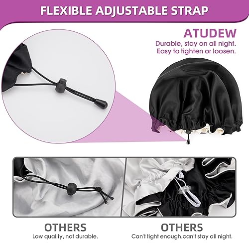 Miniatura 3 de Atudew Gorro de satén, 2 gorros de seda, gorro de pelo para mujeres negras, para dormir con cabello rizado, gorro de dormir de seda, Borgoña