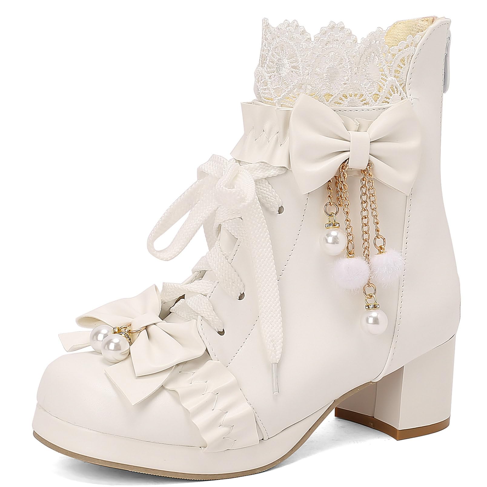 LUXMAX Women Lace Up Ankle Boots with Bow Kawaii Shoes Chunky Mid Heel Japanese Cosplay Shoes Platform Cute