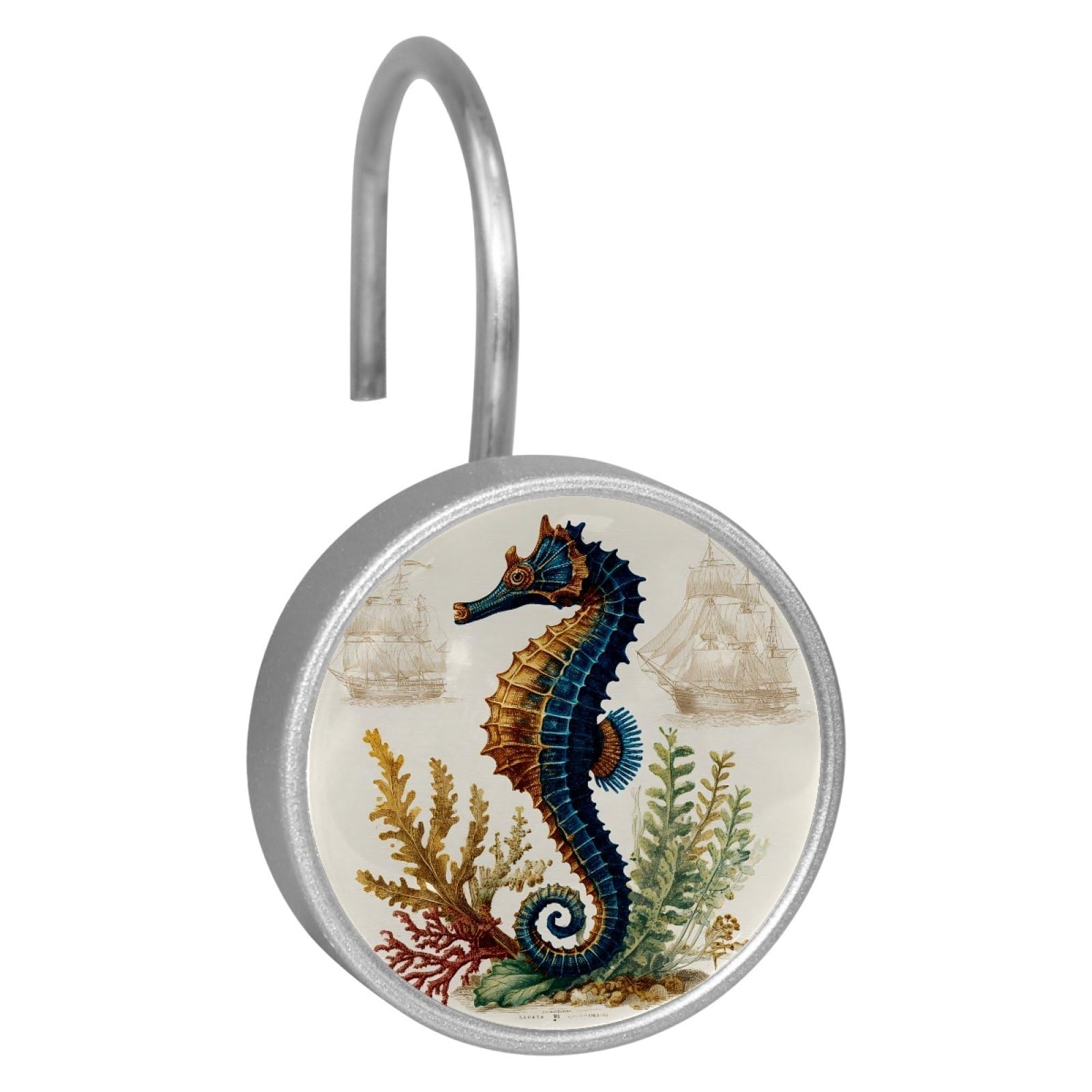 Set of 12 Stainless Steel Shower Curtain Hooks, Shower Rings for Bathroom, Rustproof Decorative Shower Hangers for Bedroom Living Room Shower Curtain Rod (Seahorse Seagrass)
