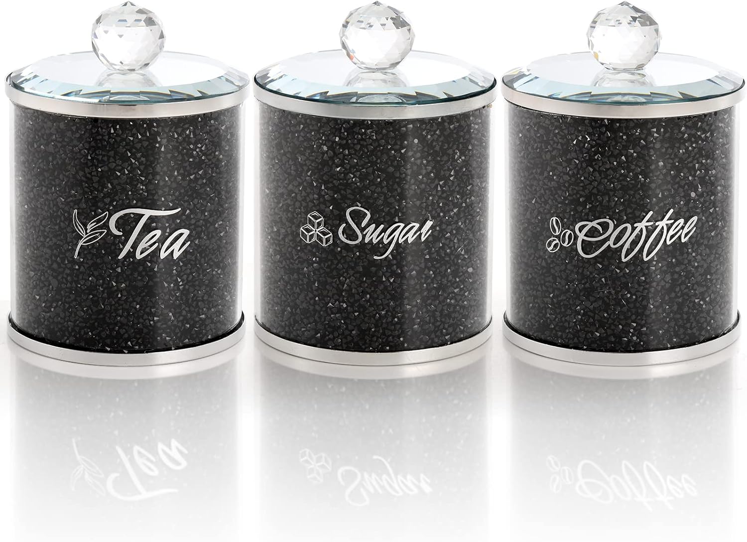 Cedilis 3 Pack Decorative Kitchen Canisters, Coffee Sugar Tea Storage Container Jars with Crushed Crystal Diamonds, Bling Glass Kitchen Food Storage Containers Jar, Black