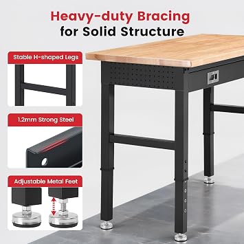 ENJOYWOOD Work Bench with Storage Adjustable Workbenches with Drawer for Garage 48 Inch Rubber Wood Top Garage Workbench with Pegboard, Power Outlets for Woodworking,Home, Office, Workshop