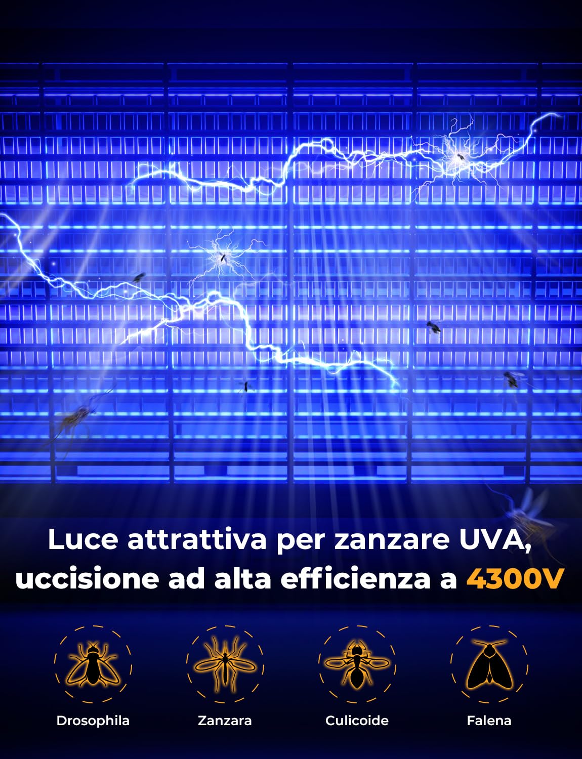 YISSVIC Lampada Antizanzare 4300V Zanzariera Elettrica 20W UV, con 2 Lampadine di Ricambio, Cassetto Estraibile, Manico in Pelle PU, Sicuro per Uomini e Animali, Uso Interno, Cavo 1.8m