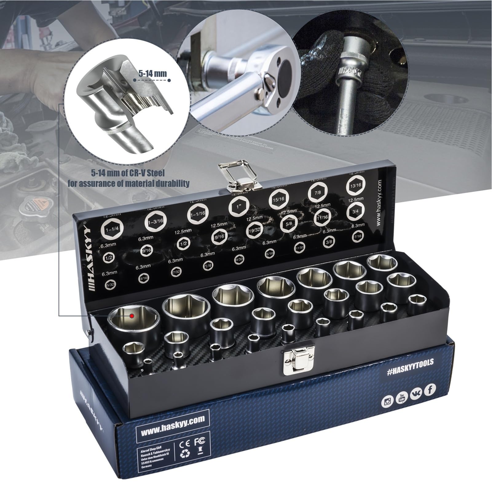 HASKYY – Set di chiavi a cricchetto, 24 pezzi, da 5/32" a 1.1/4" con cricchetto a anello, set di 12 chiavi a cricchetto da 1/4" a 1" pollici/pollici per veicoli USA