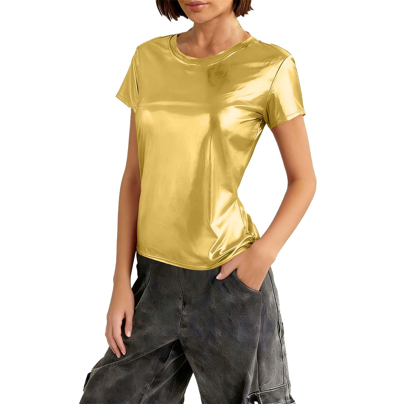 Silver Metallic Look Tops Women Glitter Space Alien Costume 80s Style Party Dance Disco Carnival Blouse Shiny Holographic Tunic Fitted Short Sleeve Tops Festival Hip-Hop Disco Club Clothing