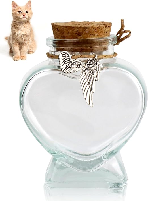 Pet Hair Keepsake Bottle for Dogs & Cats, Memorial Glass Bottle with Heart Design, Includes 2 Silver Accessories, Pet Fur Keepsake for Pet Loss Remembrance, Heart Shape featuring heart shaped glass jar with cork