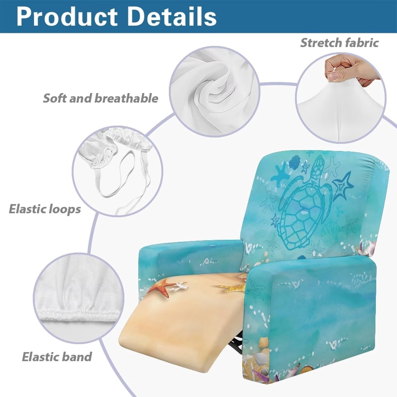 4 Piece Recliner Sofa Cover Single Turtle Starfish Furniture Slipcover for Living Room Chairs Light Blue Recliner Chair Cover with Pockets