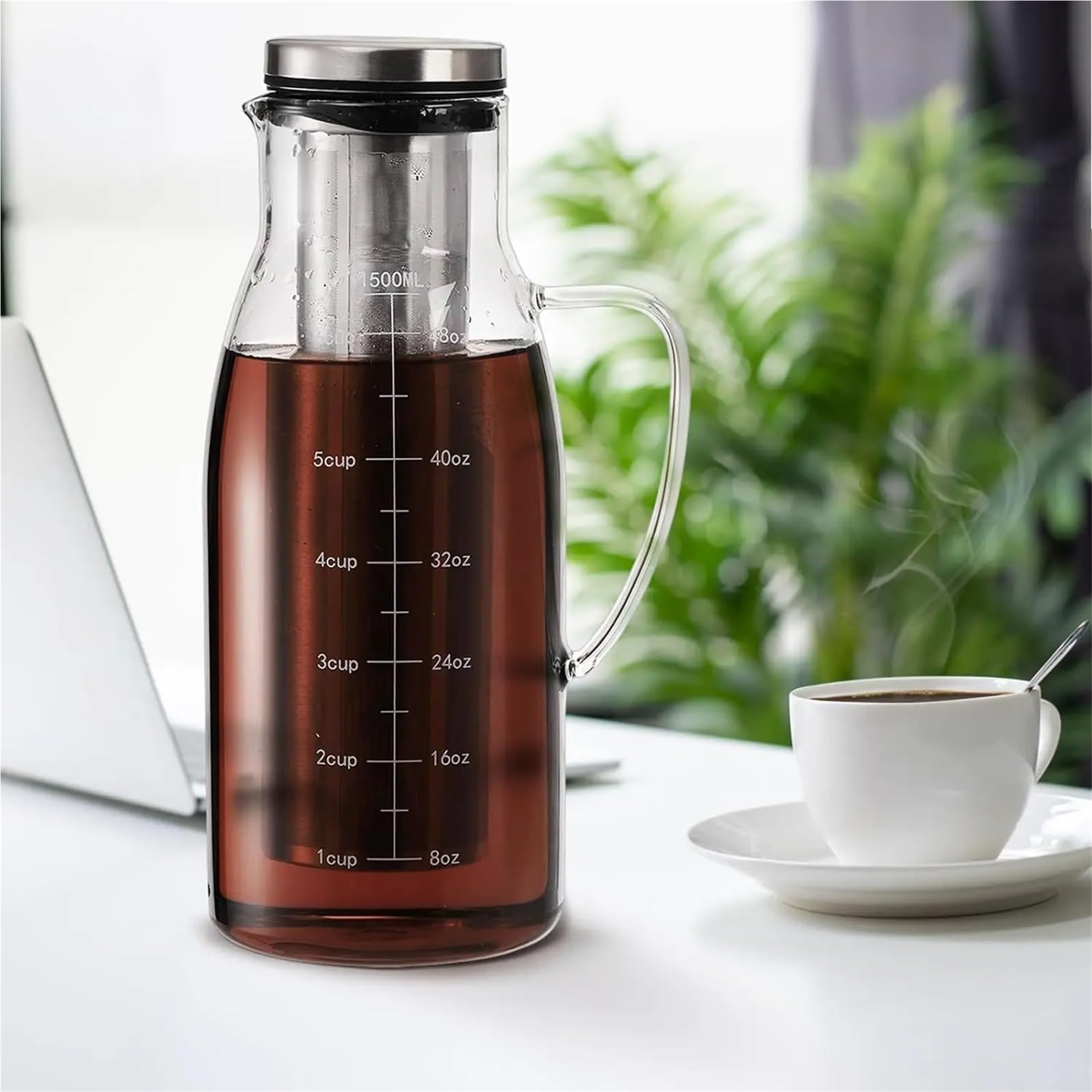 Cold Brew Kaffeekanne 1,5 L Cold Brew Kaffee- Und Teezubereiter Mit Abnehmbarem Edelstahlfilter Und Deckel for Kaffee, Eistee, Fruchtgetränke, Limonade, Kaffeekanne für kaltgebrühten Kaffee