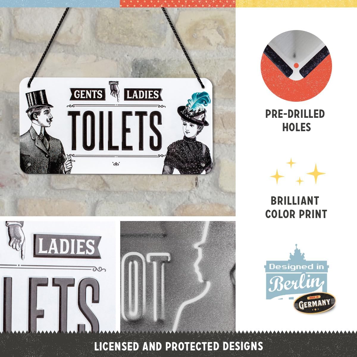 Nostalgic-Art Vintage Toilet Sign, 10 x 20 cm, Steel, Hanging, Retro, Black