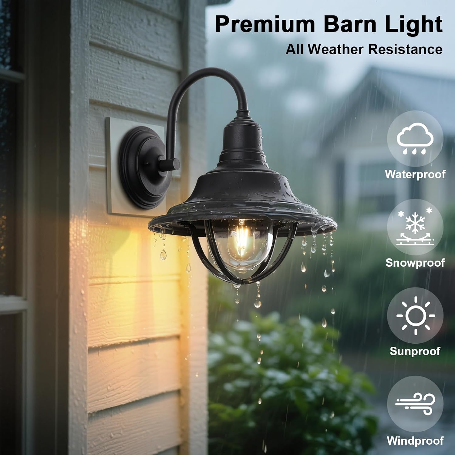 12 Inch Dome Gooseneck Outdoor Light, Die-casting Aluminum Exterior Barn Lights Fixtures, Auti-rust Farmhouse Wall Mount with Cage, Black Outside Wall Sconce for Porch Garage Front Door Patio
