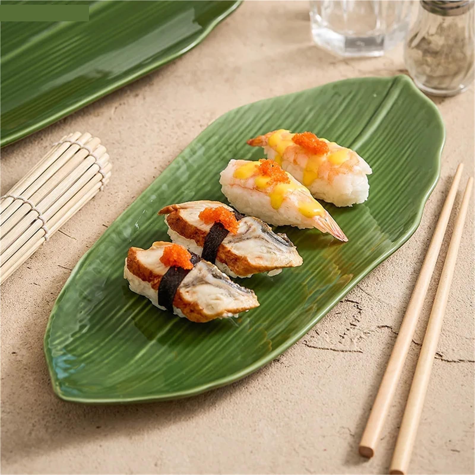 Ceramiczny talerz z zielonymi liśćmi do kuchni japońskiej, sushi, potraw molekularnych, do serwowania deserów (31,2 cm)