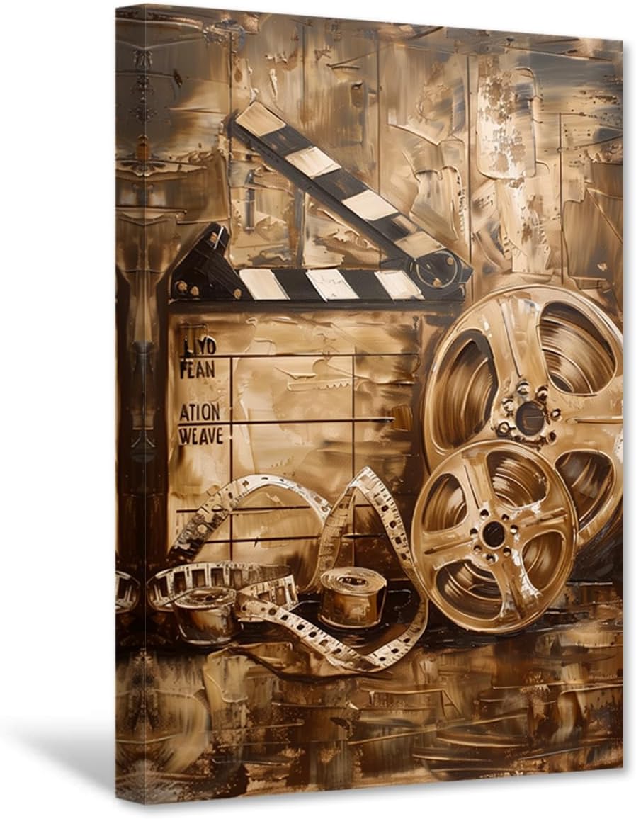 CXHOSTENT Cinema Wall Art Home Theater Wall Decor Vintage Movie Pictures Film Roll Canvas Print Media Cinema Living Room Decor Framed 45L x 30W cm