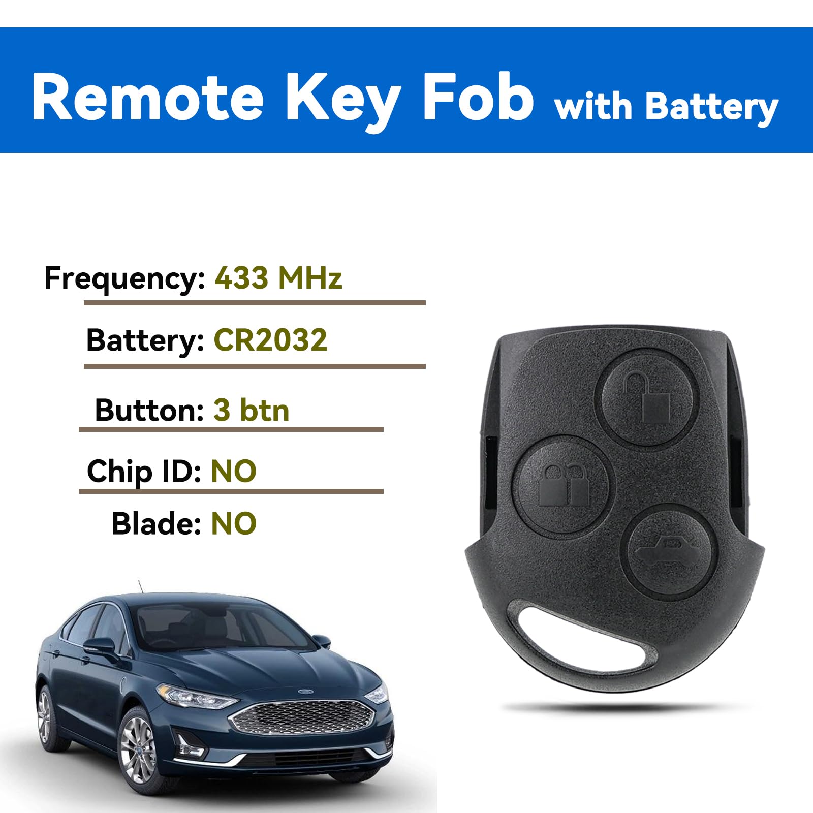 3 Button Remote Key Fob Replacement Black Head for Ford Fiesta MK6 Focus MK2 Mondeo Fusion KA S-Max C-Max Cougar Transit Tourneo Connect Key 433MHz (NO Chip NO Blade） - 3
