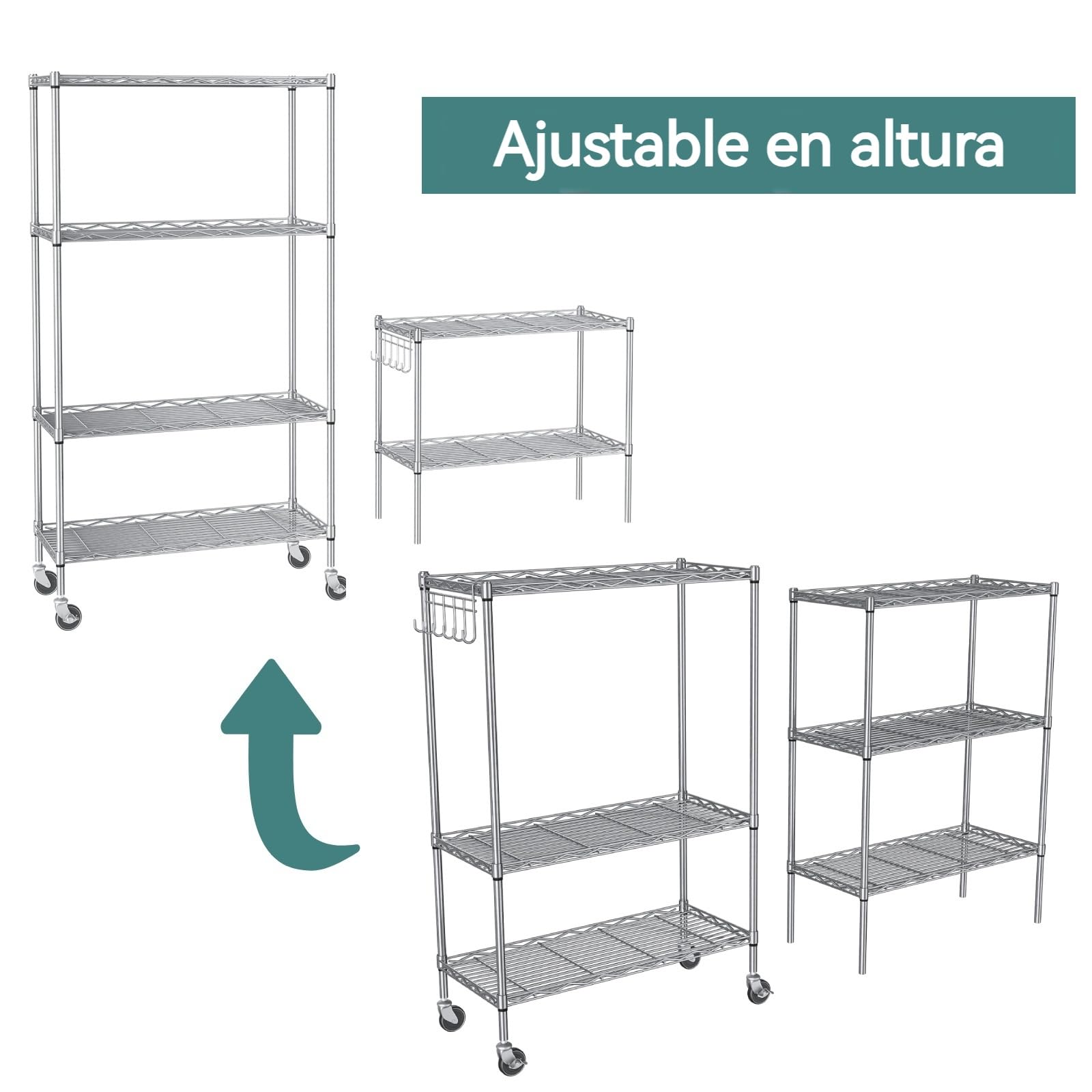 Himimi Estantería de Alambre de 6 Niveles con Ruedas, Altura Ajustable, Estante de Almacenamiento de pie Resistente con Gancho para baño, Cocina, Garaje, Dormitorio, Color Plateado