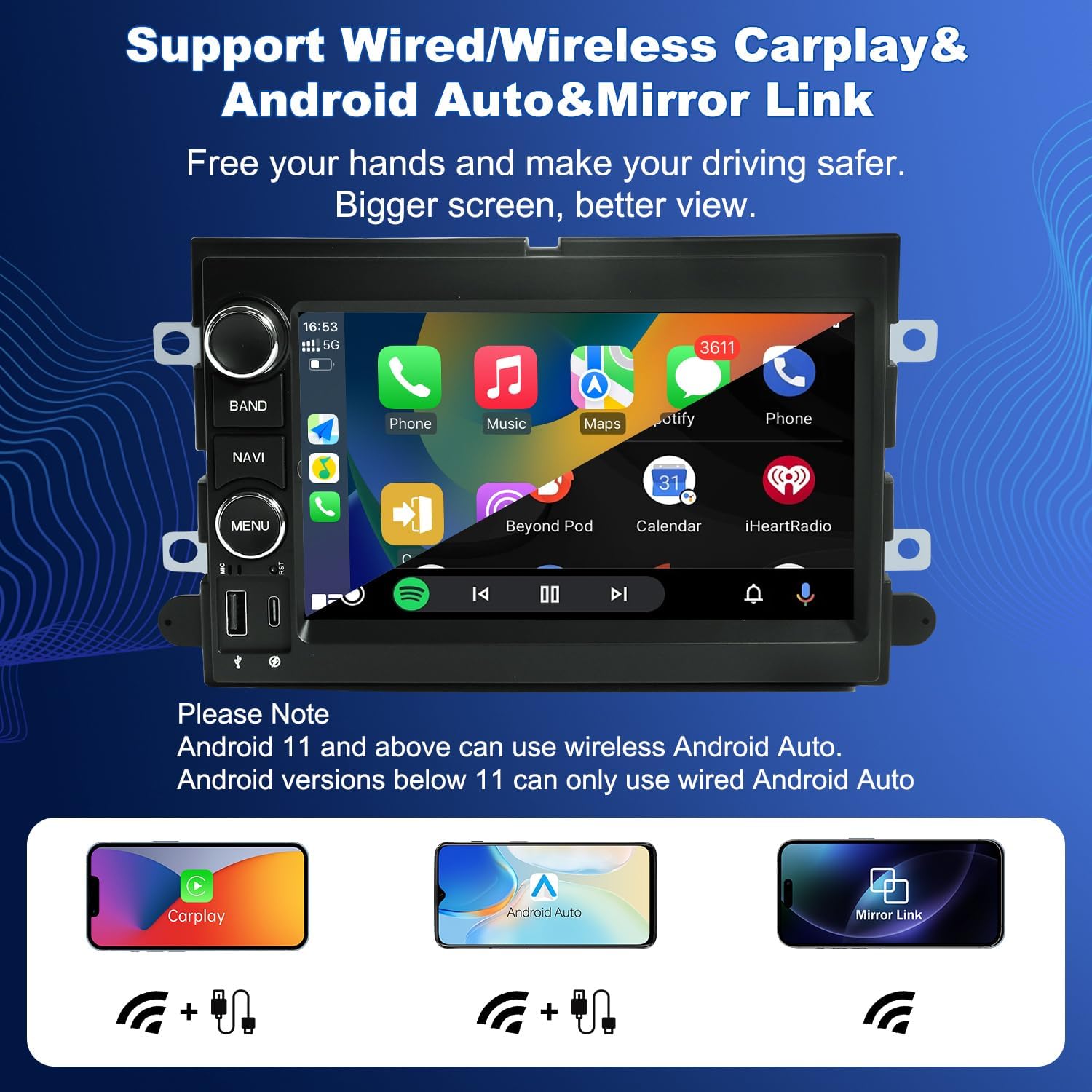 Car Radio for Ford F150 F250 F350,Wireless Carplay Android Auto Head Stereo with GPS Navigation,7 Inch Android 13.0 Touch Screen with 5G WiFi AM/FM/RDS/AHD Backup Camera/Type-C Fast Charging(4G+64G)