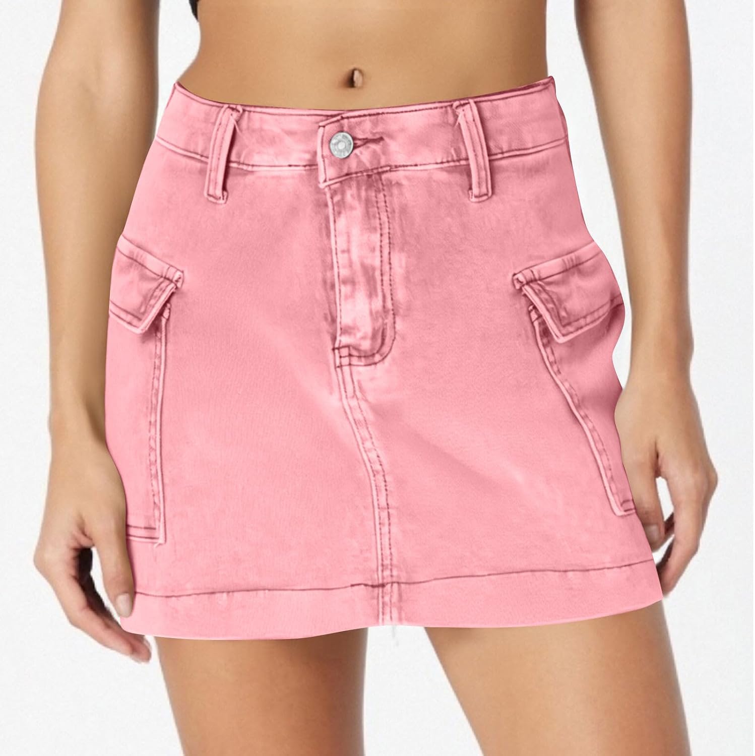 Women's Jean Skirt High Waisted Stretch Casual Summer Mini Skort Trendy Low Waist Cargo Denim Skirts with Pockets
