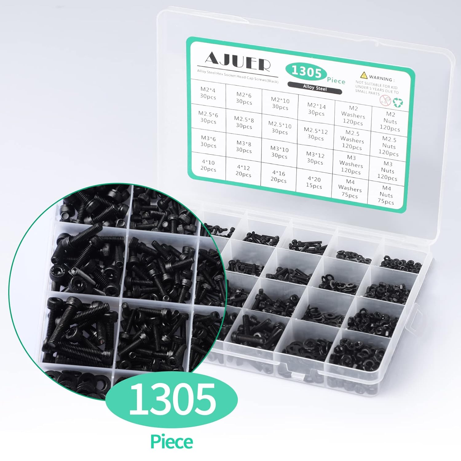 1305 PCS Metric Bolt Assortment M2 M2.5 M3 M4 12.9 Alloy Steel Hex Socket Head Cap Machine Screws Nuts and Washers,24 Sizes Bolts and Nuts Kit Black Zine Plated