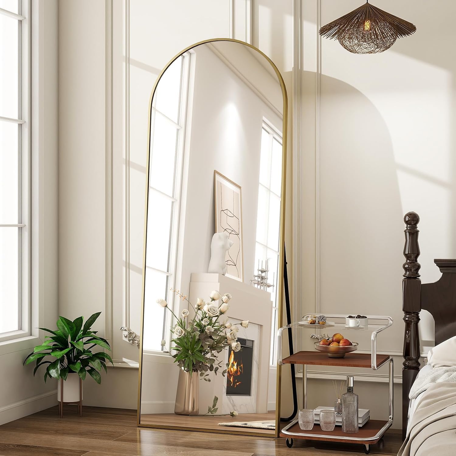 BEAUTYPEAK Arched Full Length Mirror 150x40cm Full Body Floor Mirror Gold