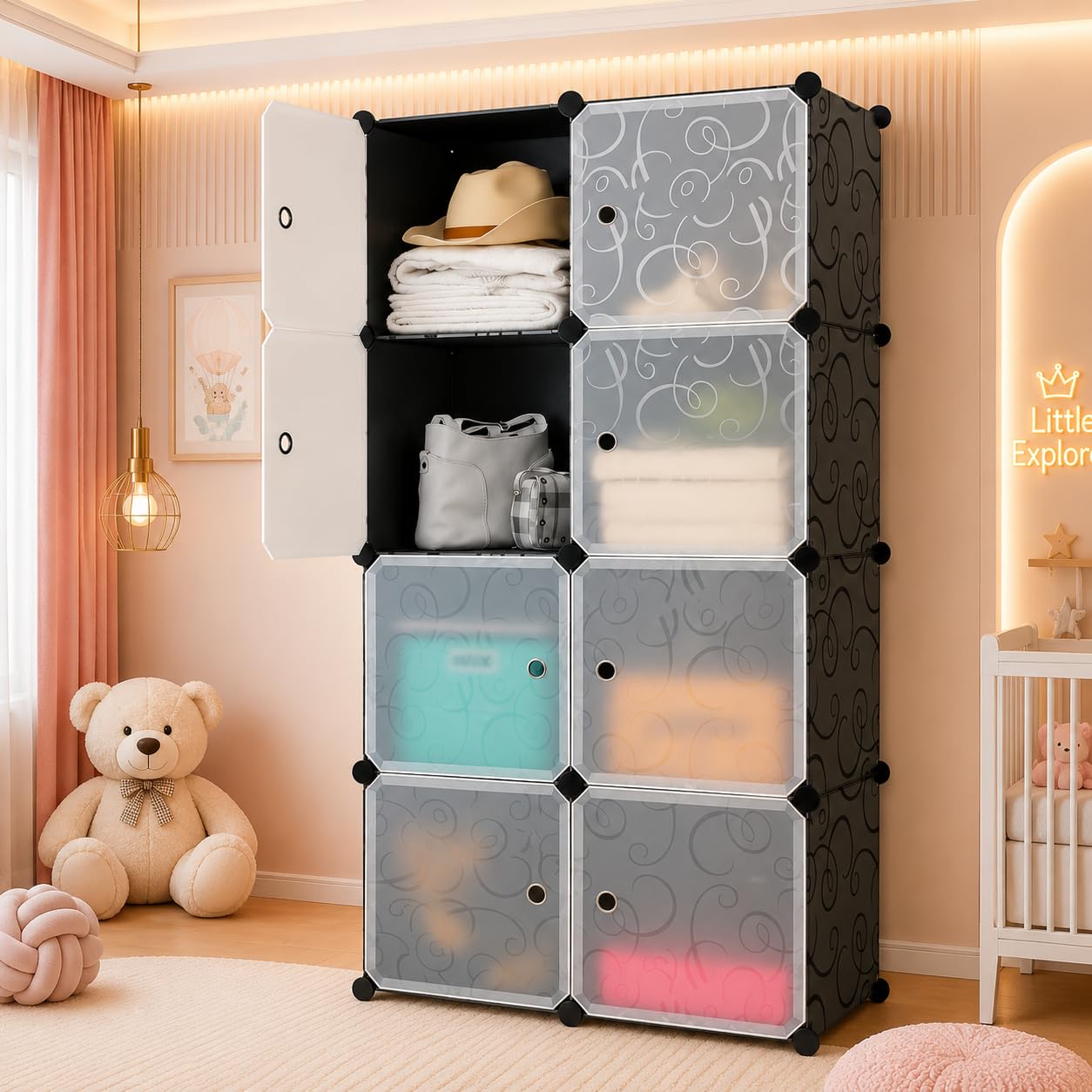 SNKR ESSENTIALS Plastic Wardrobe for Clothes | Plastic Almirah for Kids | 8-Cube Baby Cupboard for Clothes Storage | Portable Collapsible Wardrobe | DIY Kids Almirah for Bedroom – Cute Animal Print