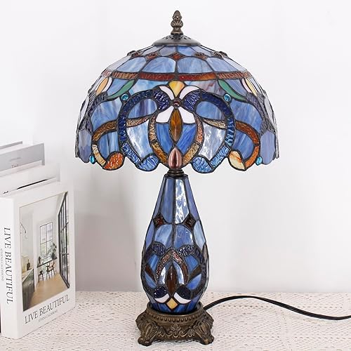 Miniatura 9 de Tiffany Lamp Stained Glass Table Lamp 12X19 Inches Mother Daughter Vase Desk Accent Night Light for Bedroom Bedside Reading Home Antique Style (Blue