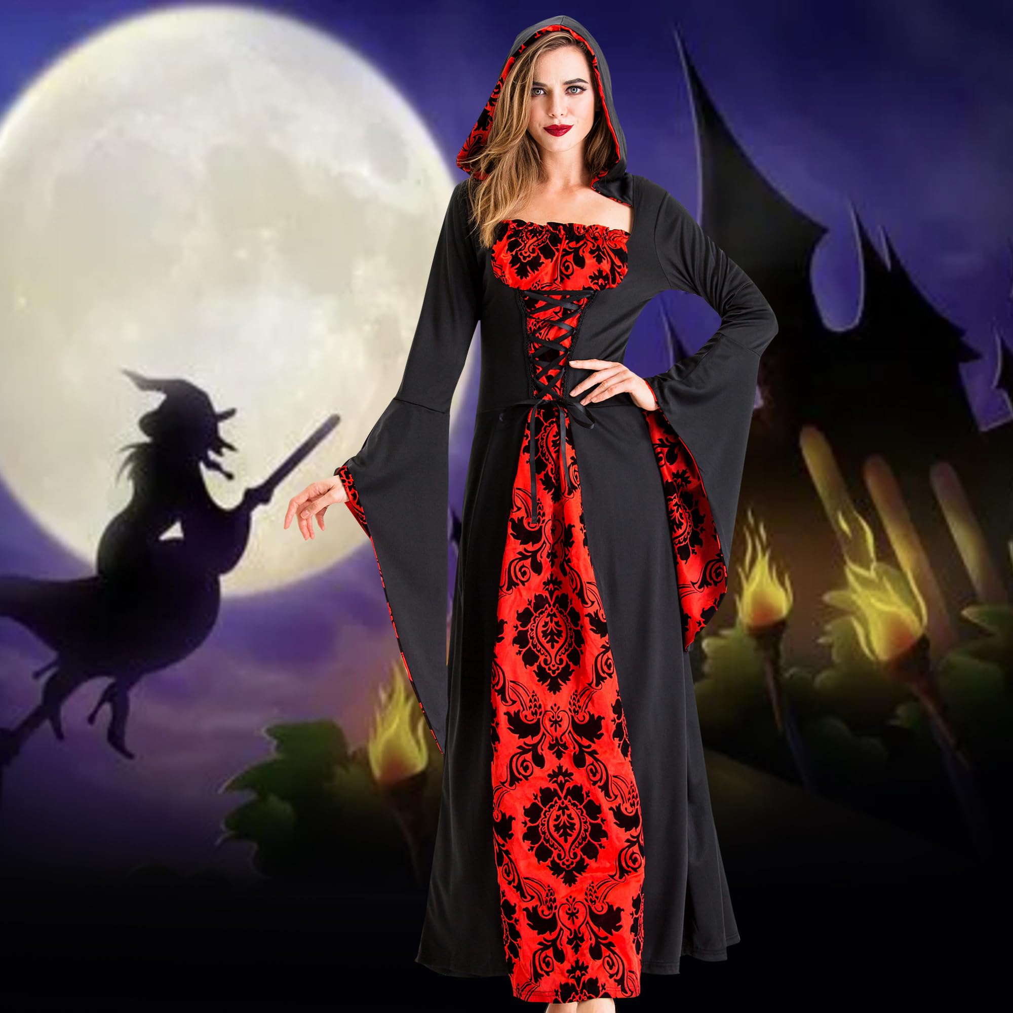 SiHaedy Halloween Vintage Witch DressAdjustable large size Medieval Costume  for Women with Hooded Adult Vintage Dress Cosplay Party Halloween Costumes  for Womens (L) - BigaMart