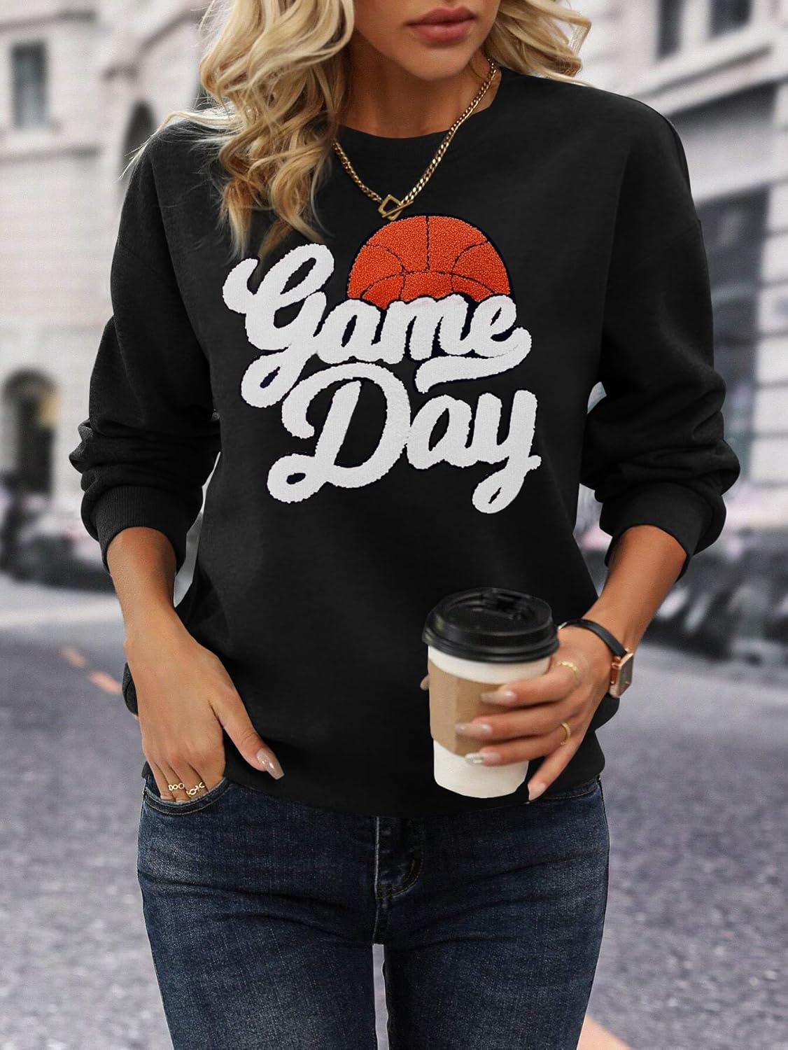 Basketball Game Day Sweatshirt for Women Game Day Chenille Patch Shirts Basketball Graphic Long Sleeve Tops - Image 2