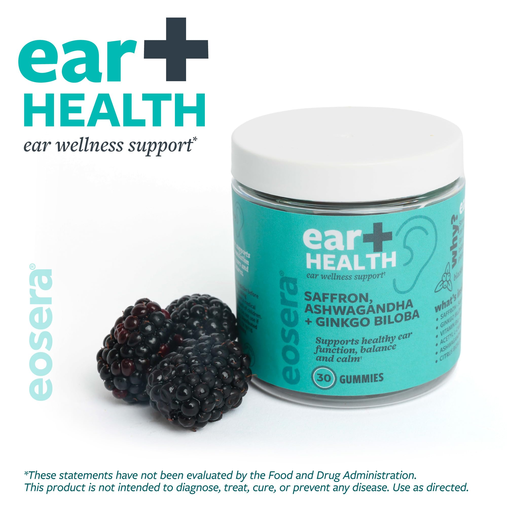 Eosera Ear+ Health Gummies - Ear Health Support Supplement with Saffron, Ginkgo Biloba, Ashwagandha, Vitamin B12 & Acetyl-L-Carnitine | BlackBerry Acai Flavor | Non-GMO | 30 Count — Amazon image 2