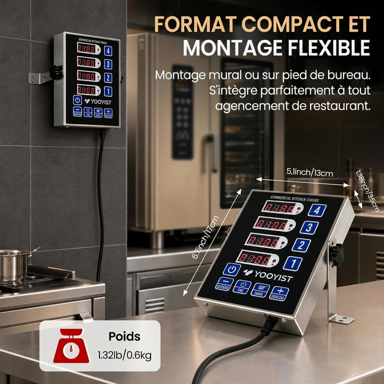 Minuterie de Cuisine Commerciale à 4 Canaux Minuterie de Restaurant Numérique Professionnelle Multi Calculagraphe Alarme Forte Camion de Nourriture Cuisson Acier Inoxydable Robuste