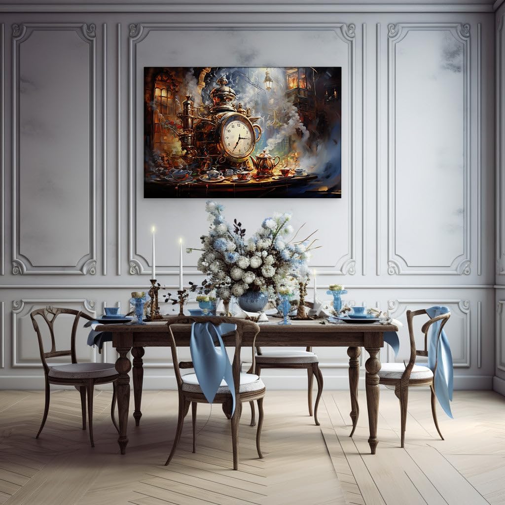 Timeless Elegance of a Steam Clock and Tea Set in Victorian Splendor Large, Decor, Office, Bedroom,. Size: 130x86 cm (51x34 inch) Canvas Wall Art - Modern Home Decor - 100x66 cm (39x26 inch)