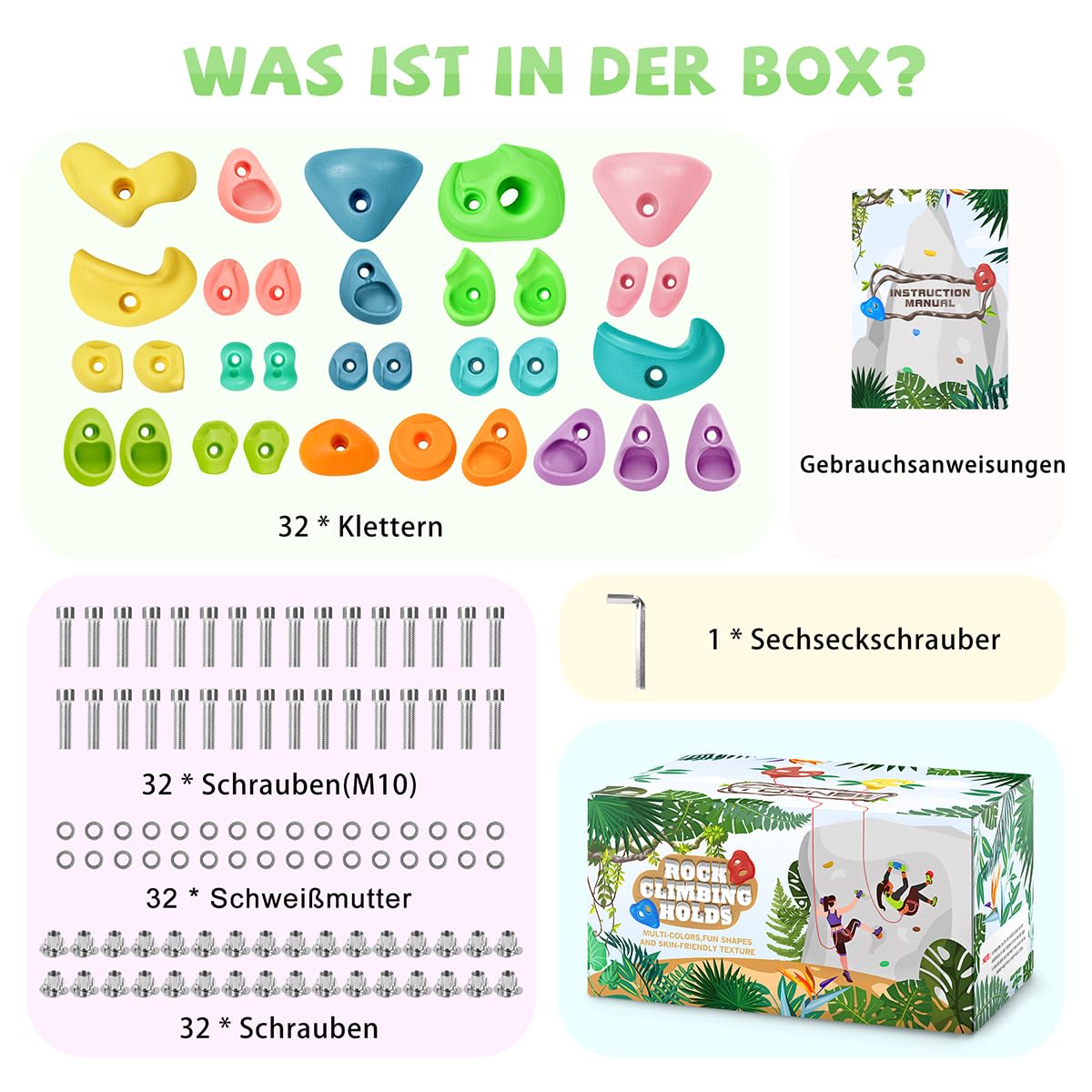 32Stück Klettergriffe Kinder Outdoor Klettersteine Kinder Outdoor Kletterwand Outdoor Kinder Kletterwand Griffe Kommt mit Befestigungsmaterial für Spielturm und Kletterwand Kinderzimmer-Makronenfarben